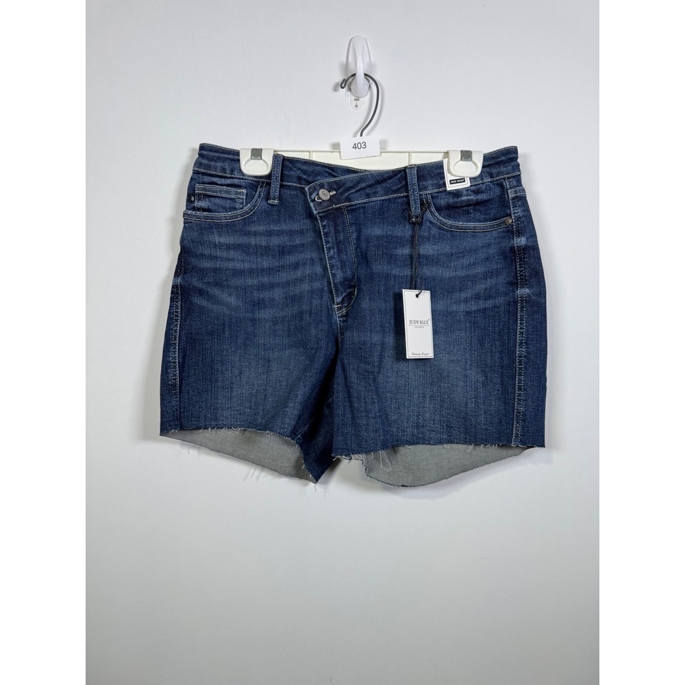 Judy Blue Crossover Asymmetrical Waist Raw Hem Denim Shorts Dark Wash XL NEW